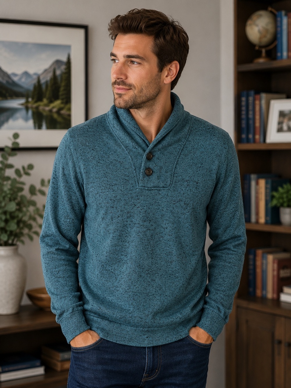 H2H Men’s Medium Teal Shawl Collar Sweater Button Neck Pullover